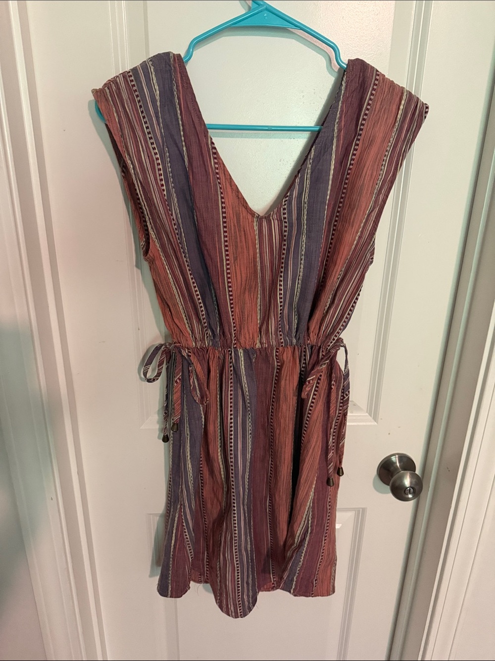 Universal Thread Striped V-Neck Sundress in Rust and Slate